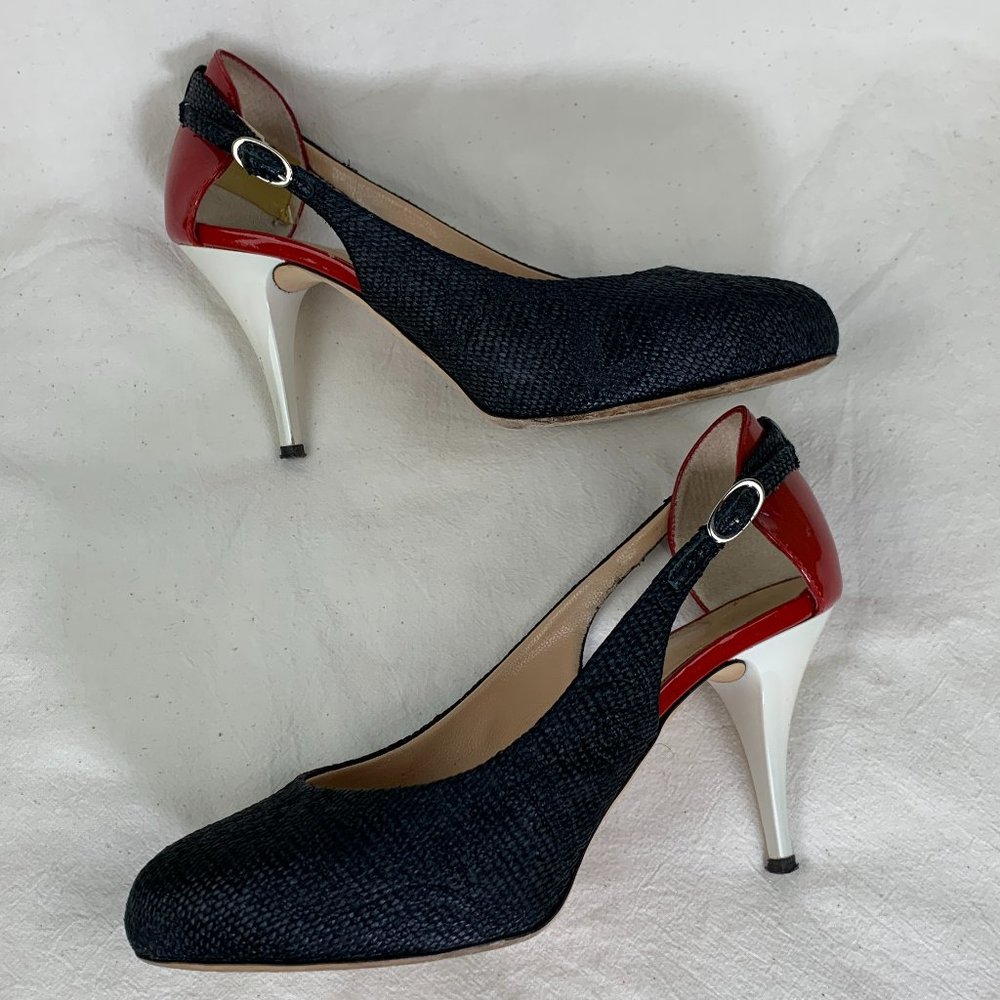 Giuseppe Zanotti Stiletto in Black Straw with Red & White Patent Heel
